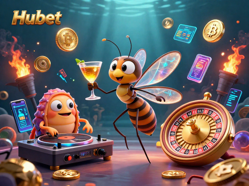Experience the thrill of Hubet with a vibrant 3D casino scene featuring unique characters and crypto elements.