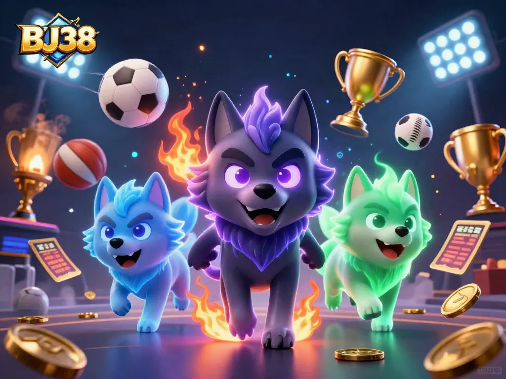 Bet big with BJ38 in a vibrant 3D casino atmosphere, featuring wolves and dynamic gaming elements.