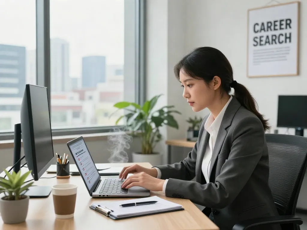 หางาน in a modern office setting with a young professional focused on job search.