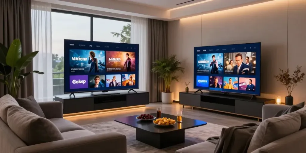 Ruang tamu modern untuk menonton bokep dengan sofa nyaman, TV besar, dan suasana hangat.