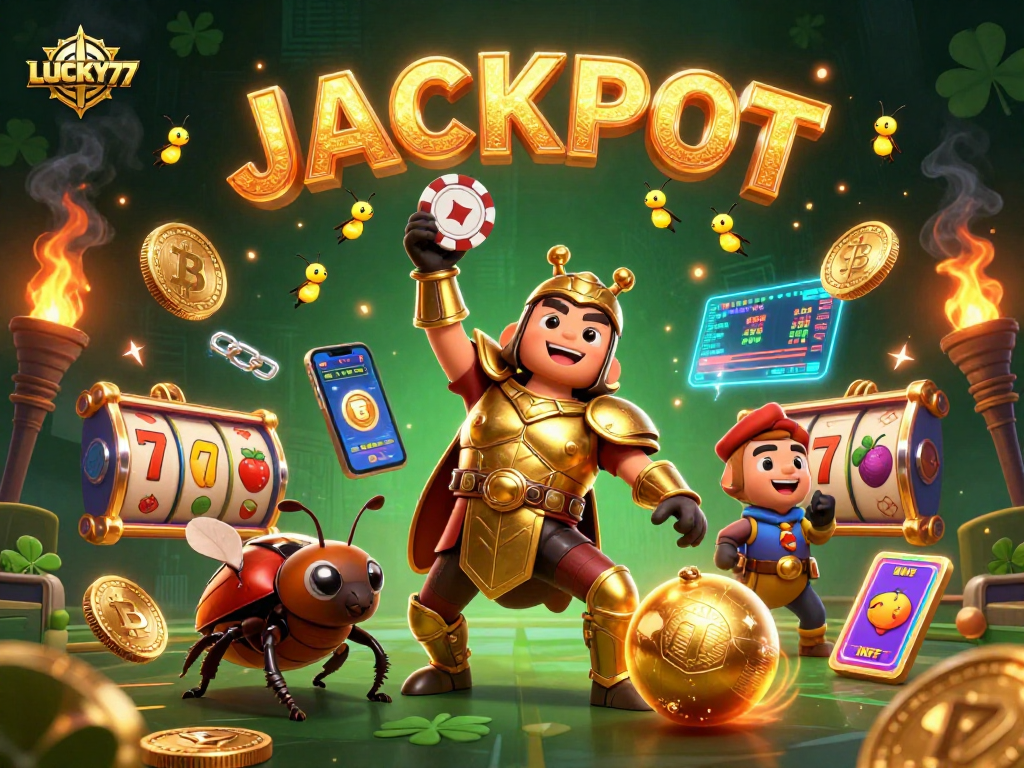 LUCKY77 celebrates a big win with animated characters and slot elements in a vibrant casino scene.