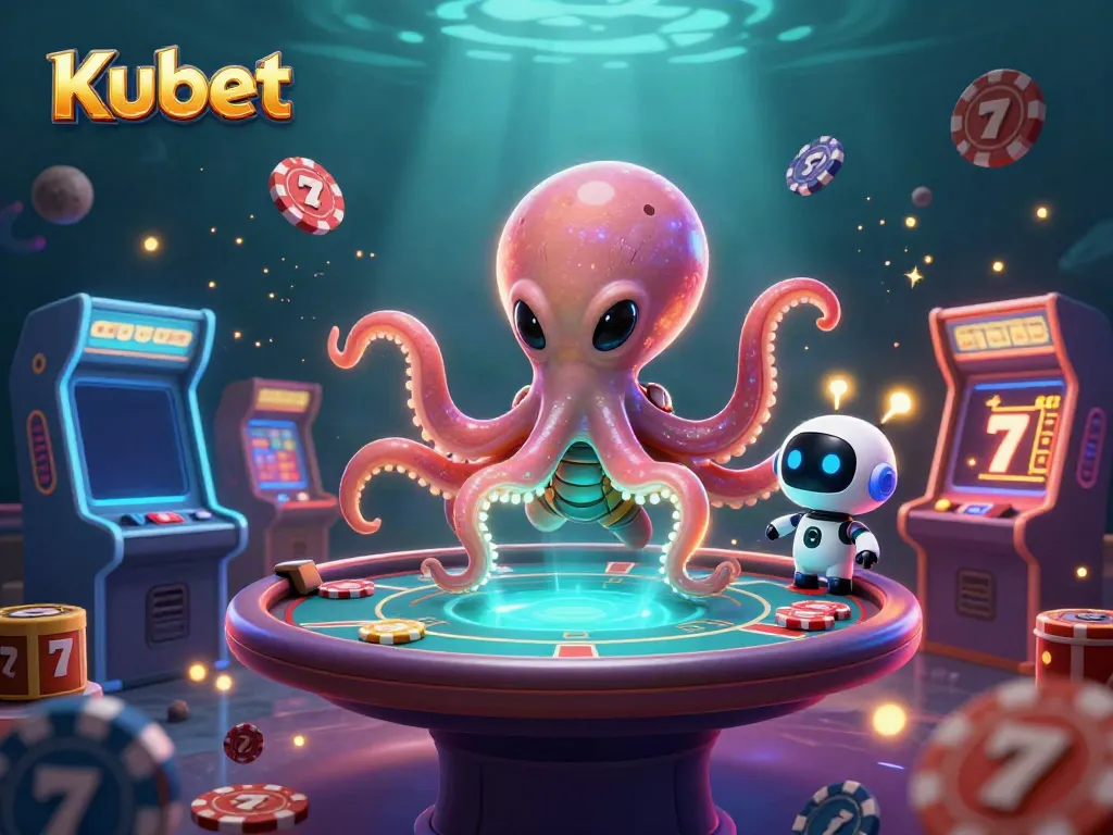 Kubet engages players at a holographic poker table, showcasing immersive gaming elements in a vibrant setting.