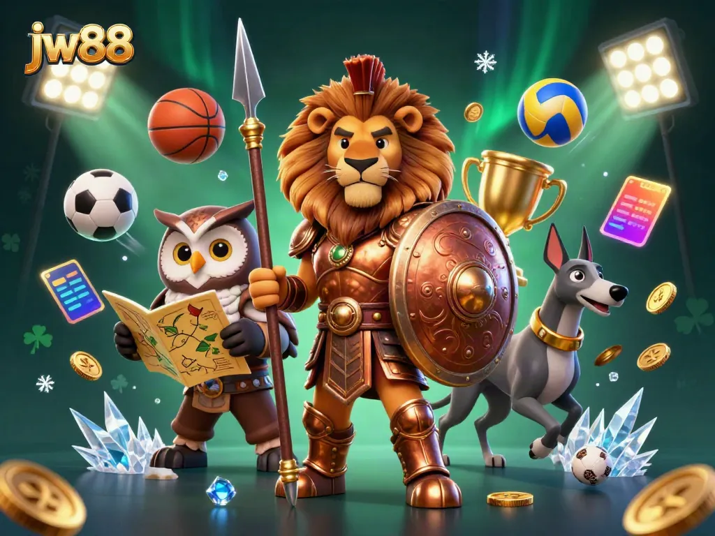 Engage in thrilling action at jw88 with a 3D Spartan lion, owl strategist, and swift greyhound surrounded by vibrant sports elements.