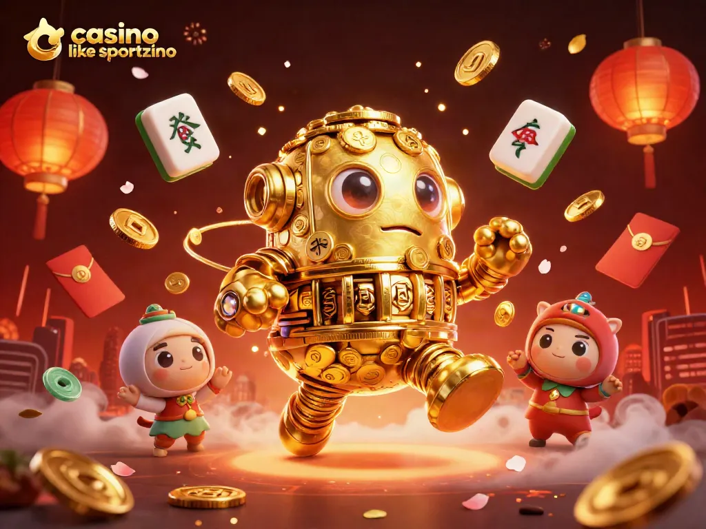 Play on the dynamic casino like sportzino scene featuring a golden golem, festive elements, and casino symbols.