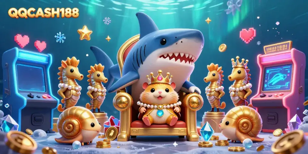 Experience the excitement of QQCASH188 with a fantastic underwater casino scene featuring animated characters and vibrant gaming elements.