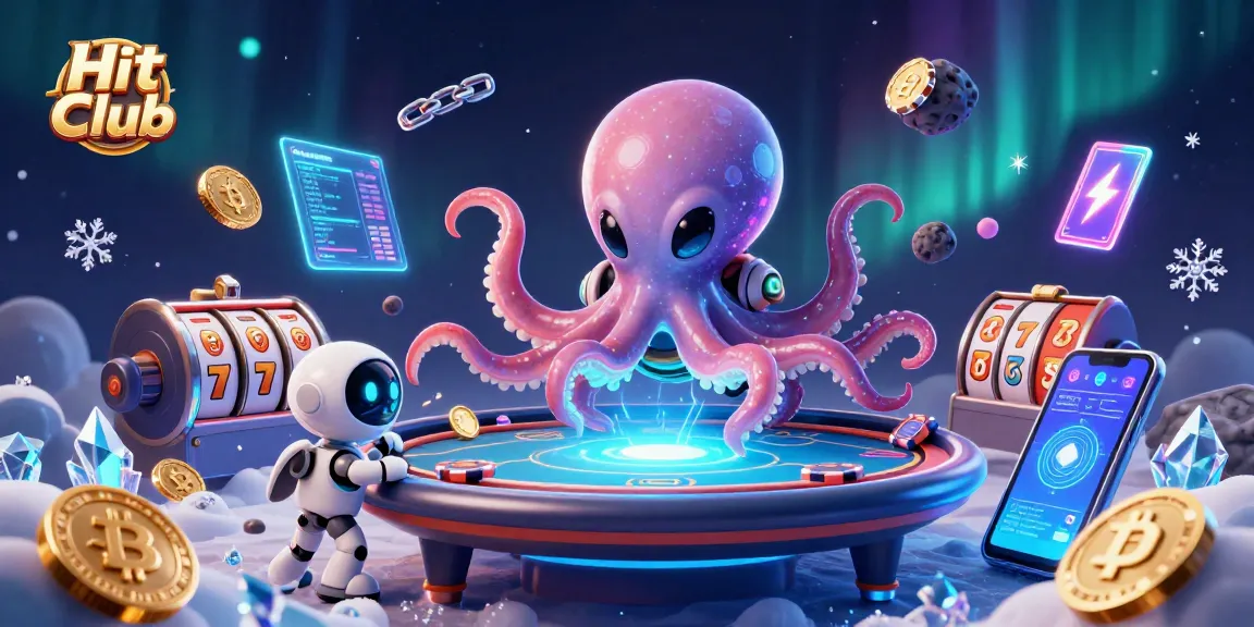 Hit Club engages players with a vibrant illustration of a gambling scene featuring an alien octopus and crypto elements.