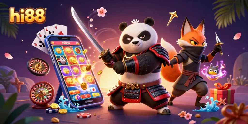 hi88 slots action scene with a samurai panda and a fox ninja surrounded by gaming elements