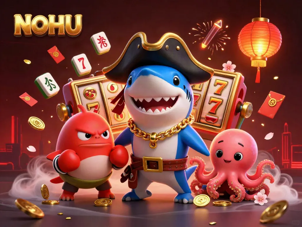 NOHU pirate shark and friends enjoying dynamic casino gaming with gold coins and lucky symbols