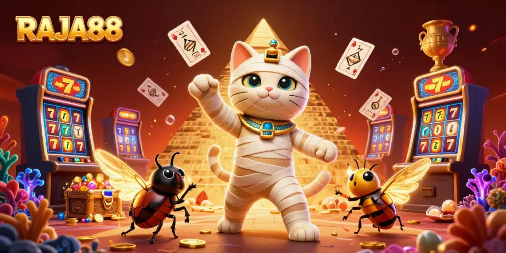 Menangkan jackpot dengan RAJA88, menggambarkan mumi kucing dan scarab di kasino piramida.