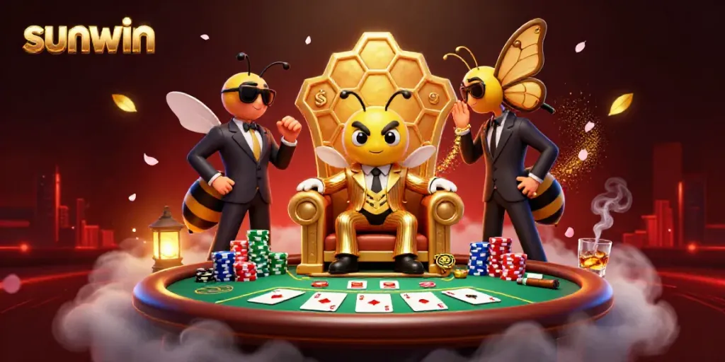 Experience thrilling gaming action at sunwin with a bumblebee mob boss overseeing the poker table in a luxurious throne