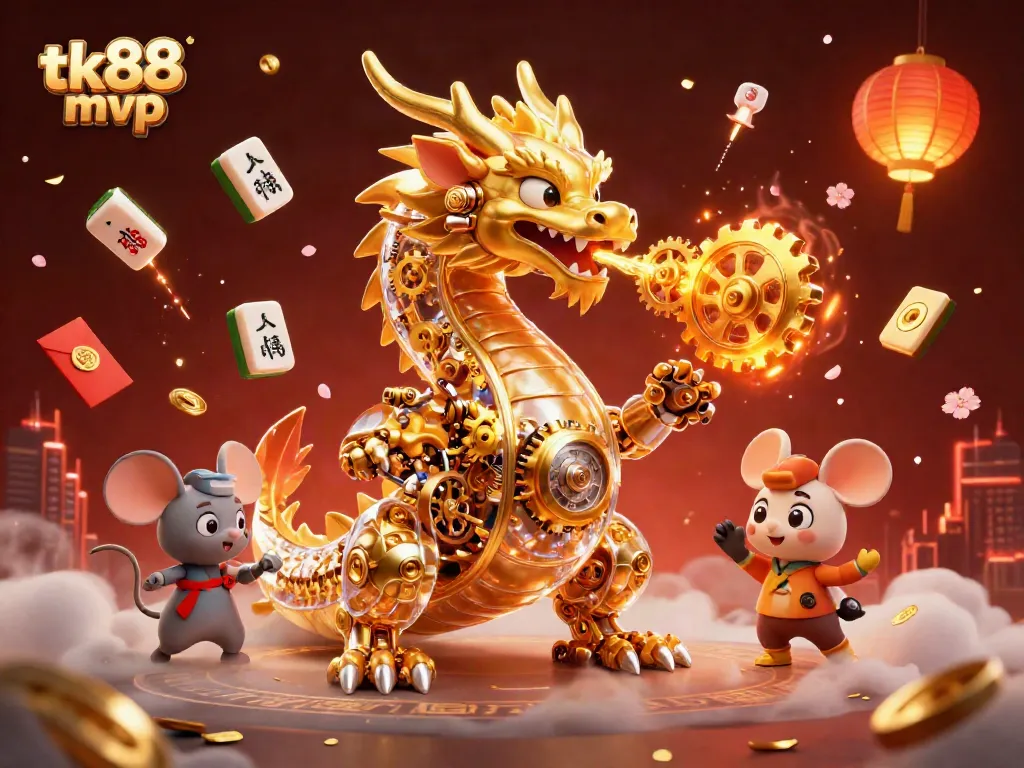 Experience thrilling wins with tk88 mvp in this lively 3D casino scene featuring a golden dragon and festive elements.