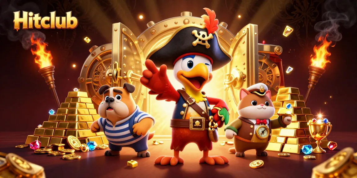 Hitclub players celebrating big wins with treasure and gems in a vibrant casino-themed illustration.
