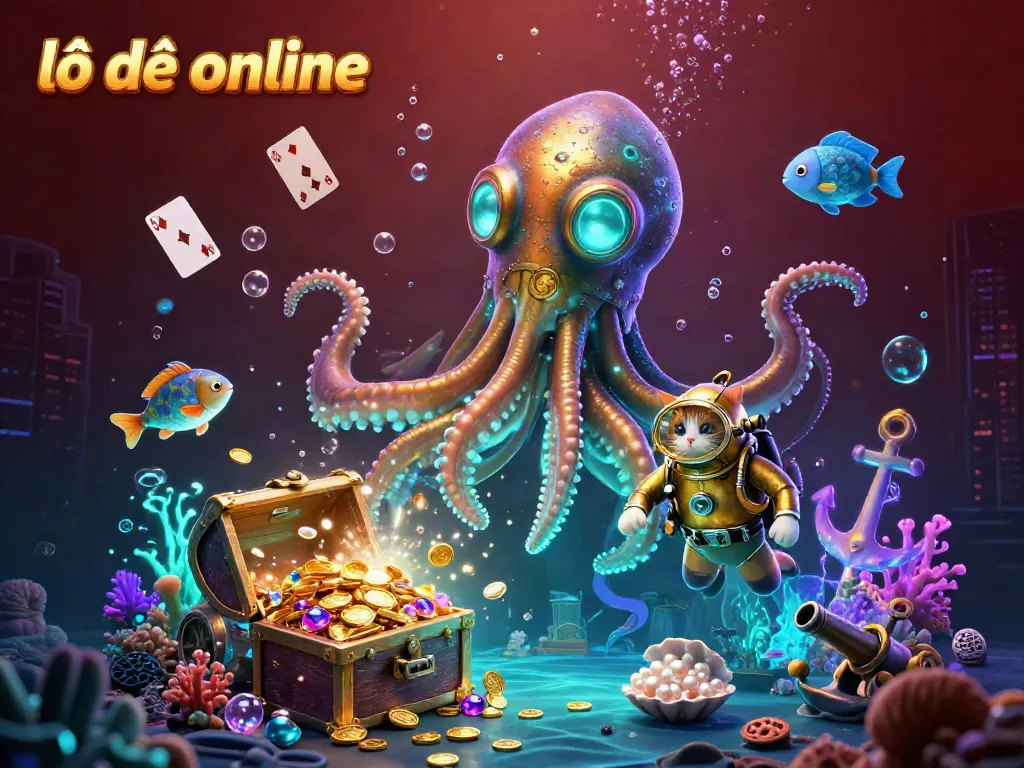 Experience thrilling lô đề online action with a kraken, diving cat, and underwater treasures in this vivid illustration.