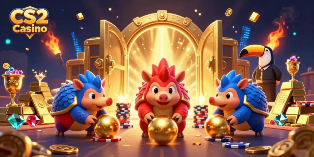 CS2 Casino scene featuring rival pangolins bowling through poker chips with a toucan referee, immersive and vibrant.