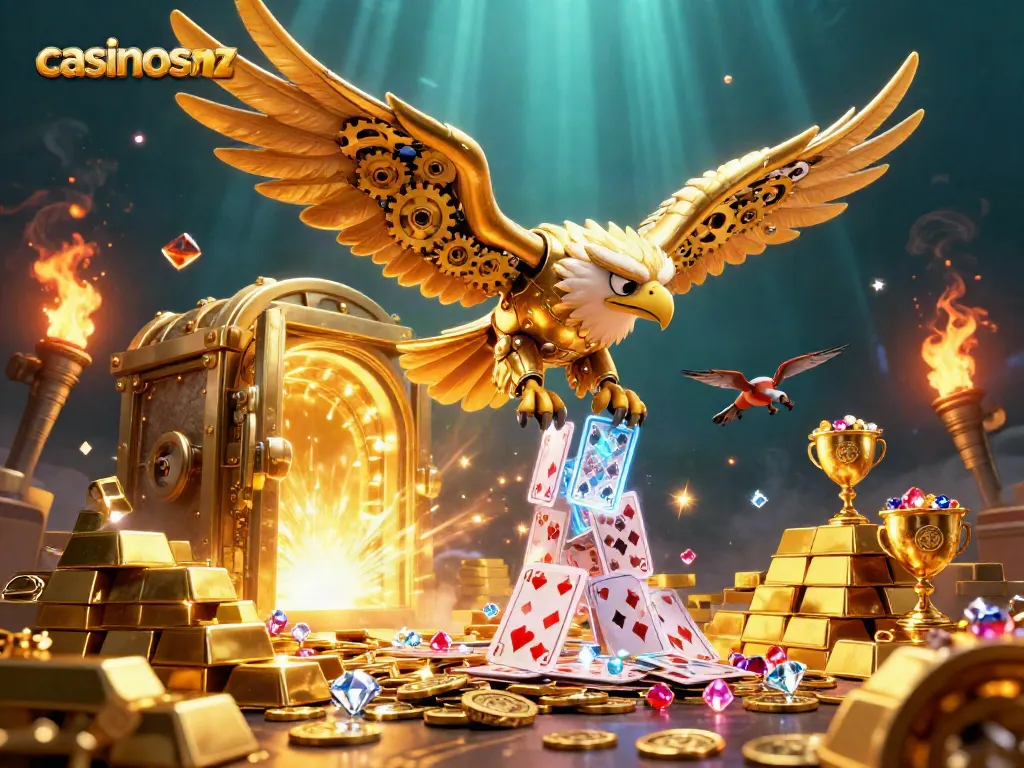 Experience the excitement of casinosnz with vibrant holographic cards and treasures in this dynamic illustration.