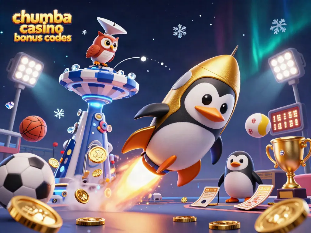 Chumba Casino bonus codes highlighted with a dynamic 3D scene featuring a golden penguin and casino elements.