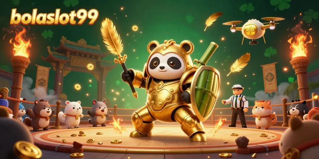 Experience the thrill of bolaslot99 as the golden panda battles in an electrifying casino arena.