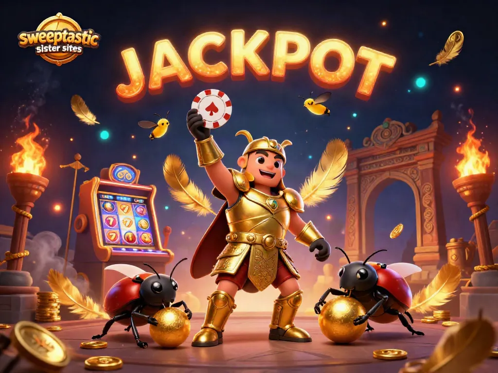 Sweepstakes player explores Sweeptastic sister sites jackpot with vibrant 3D casino elements.