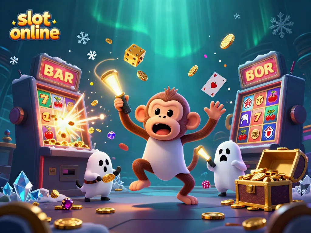 Spin to win with slot online games featuring a lively monkey and ghost-hunter puppy in action.