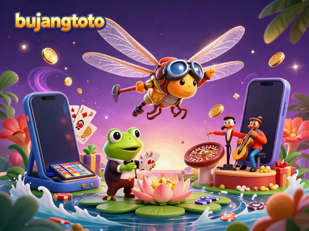 Bujangtoto's vibrant scene with a dragonfly pilot, frog dealer, and jazz musicians celebrating online gaming.