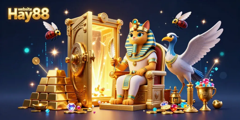 Engage with the magical world of website Hay88, featuring a vibrant 3D casino scene of a pharaoh cat and treasures.