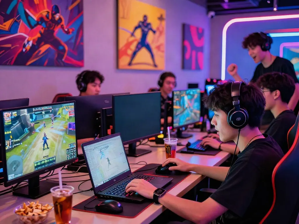 Exciting gaming lounge featuring akunjp gaming setups and enthusiastic players