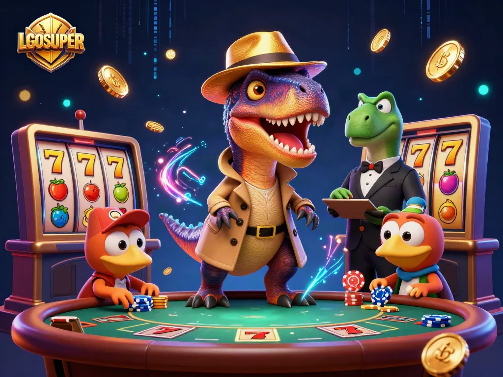 Animate your bets with LGOSUPER as playful dinosaurs bring thrilling slot action to life in a vibrant casino scene.
