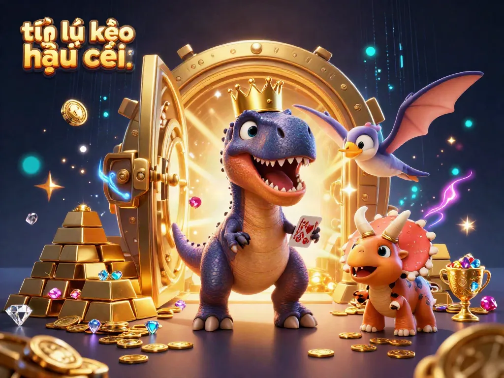 Engage with tỷ lệ kèo nhà cái as a T-Rex shuffles cards in a lively casino adventure.
