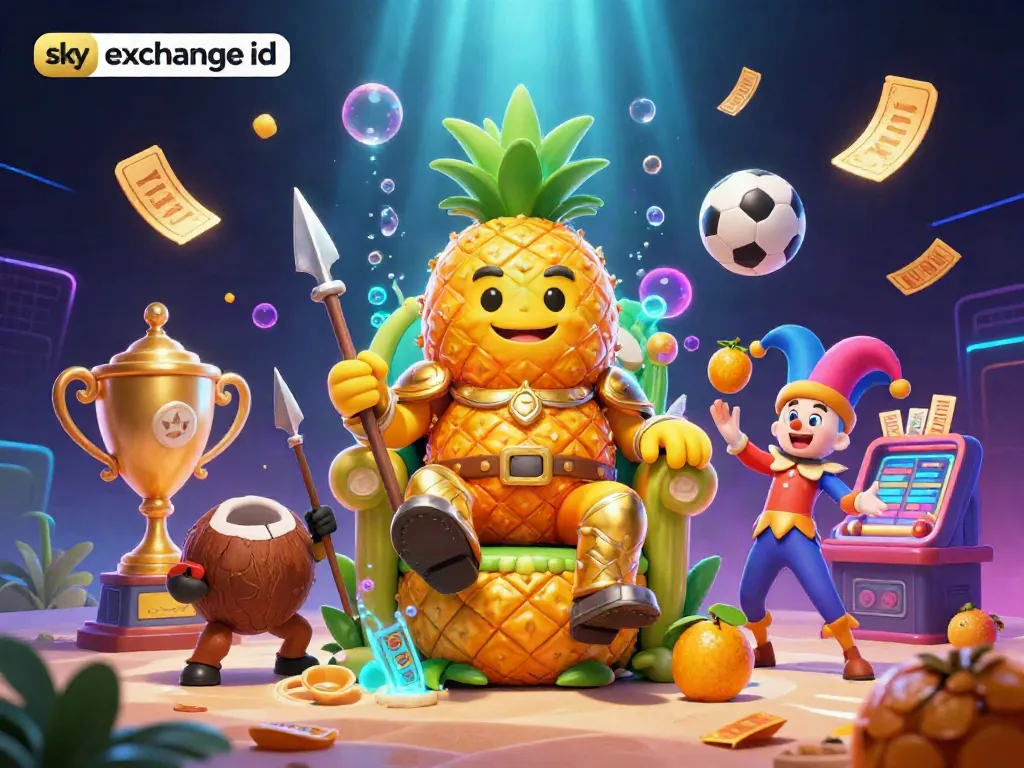Engage with your sky exchange id in a vibrant 3D scene showcasing a golden pineapple king in a lively casino atmosphere.