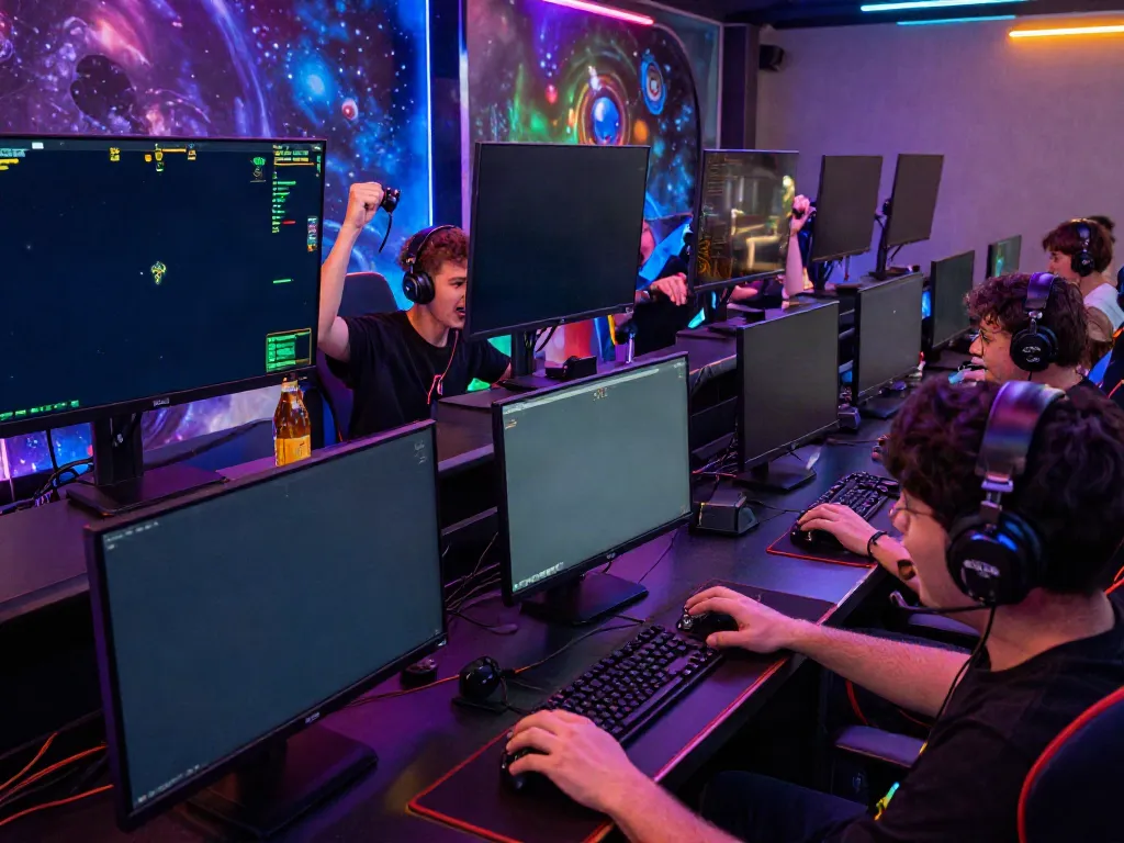 Exciting gaming scene at luxury111 with players immersed in online competition and cosmic visuals.