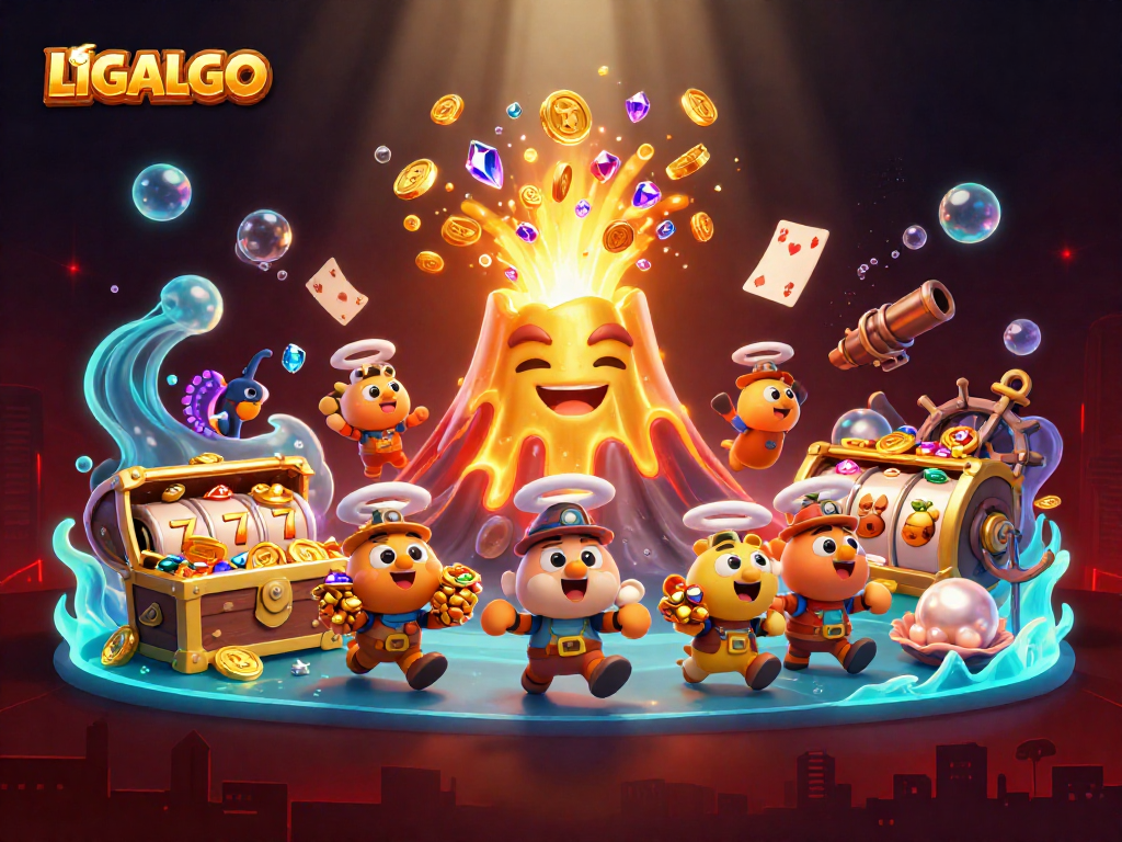 LIGALGO showcases a vibrant 3D scene of excitement with a golden volcano and slot elements