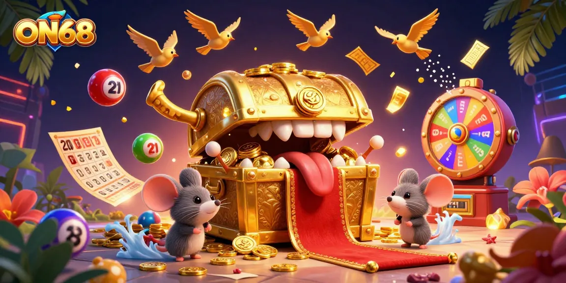 Experience thrilling wins on ON68 with a vibrant golden treasure chest and dynamic lottery elements.