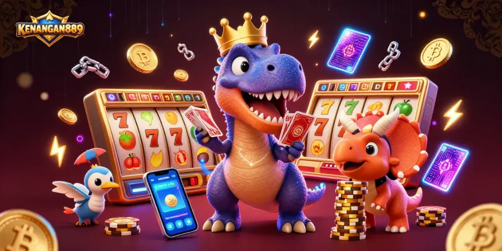 Play engaging casino games with KENANGAN889, showcasing colorful slot reels and a fun dinosaur-themed illustration.