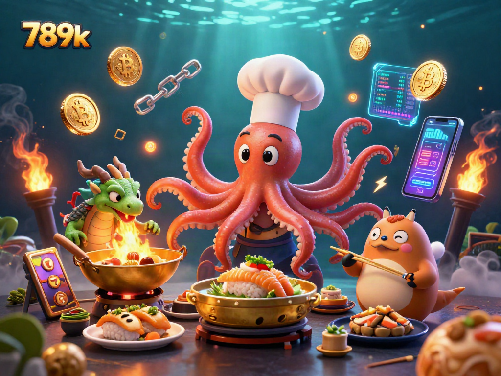 Experience thrilling wins at 789k with a vibrant casino scene featuring sushi chef octopus and dragon.