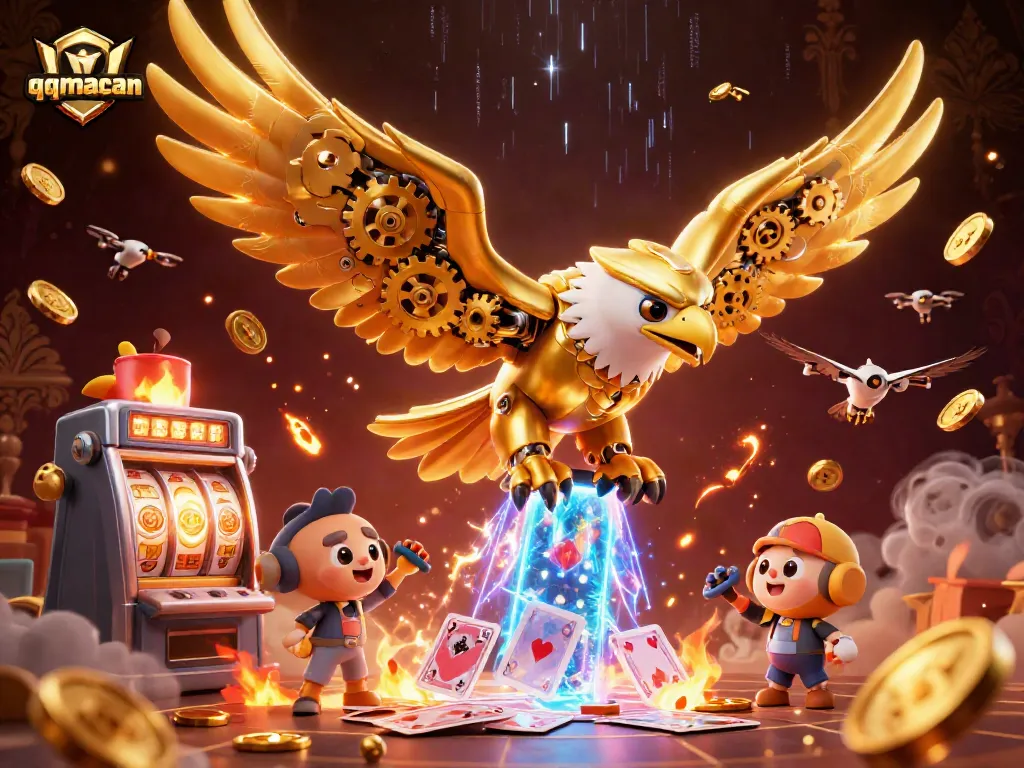 Experience thrilling slot gameplay with QQMacan's 3D cybernetic eagle and dynamic casino elements.