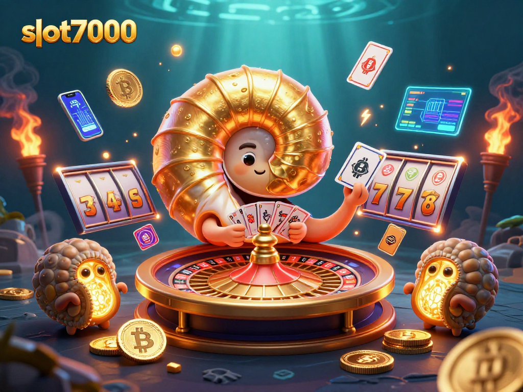 Engage in dynamic gameplay with slot7000's exciting roulette wheel and glowing crypto elements.