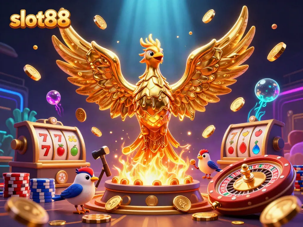 Slot88 mempersembahkan ilustrasi kasino 3D penuh warna dan detail, menampilkan phoenix emas dan permainan slot.