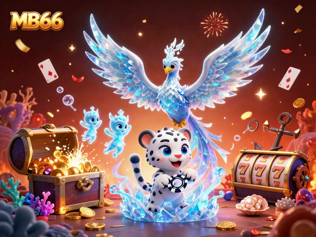 Experience the vibrant thrill of MB66 with playful ice creatures amidst a lively casino scene.