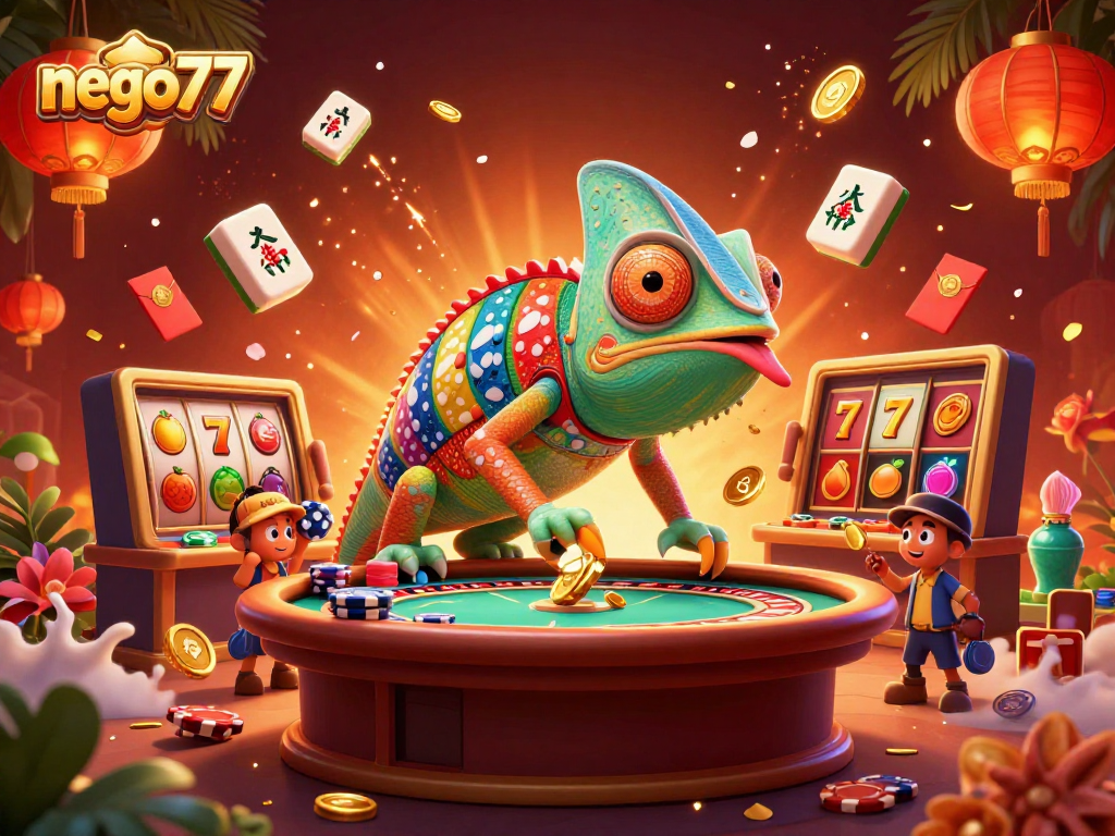 Nego77 showcases a vibrant 3D chameleon casino owner with spinning slot reels and festive elements