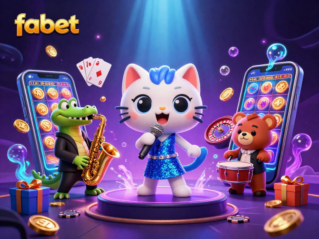 Experience the magic of fabet with a lively casino scene featuring a jazz-singer cat, saxophone crocodile, and drum-playing bear cub.