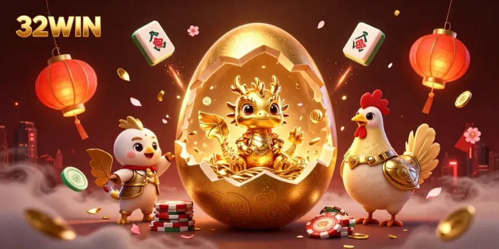 Engage with the 32WIN online casino experience showcasing a golden dragon amid poker chips.