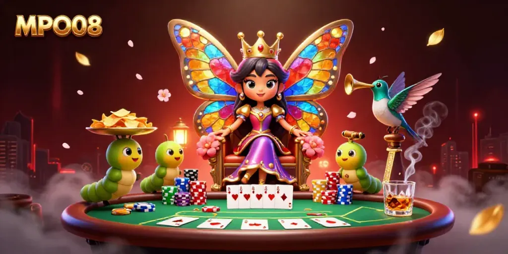 MPO08 enchants players with a captivating casino scene featuring a butterfly queen and vibrant poker elements.