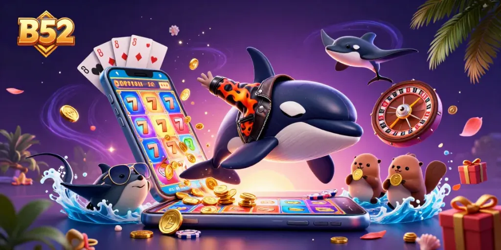 B52 slots come alive with a dynamic orca and otters in a vibrant casino scene.
