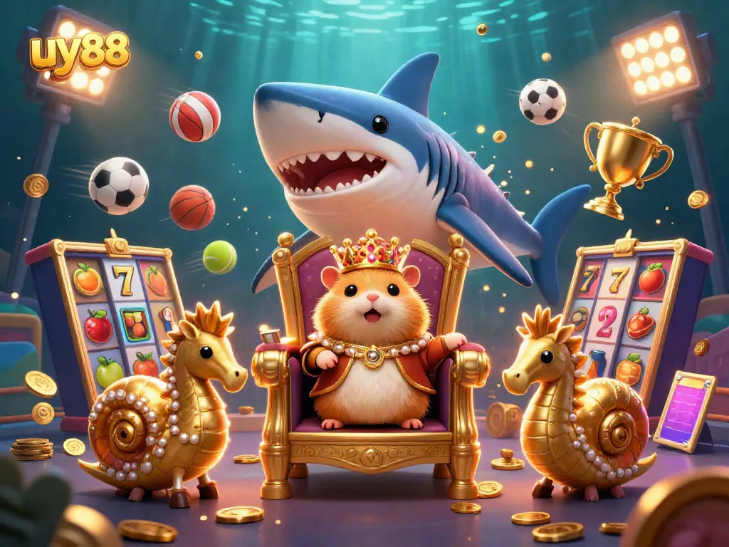 Engage in thrilling slots gameplay with uy88 as a golden hamster king reigns over the casino realm.