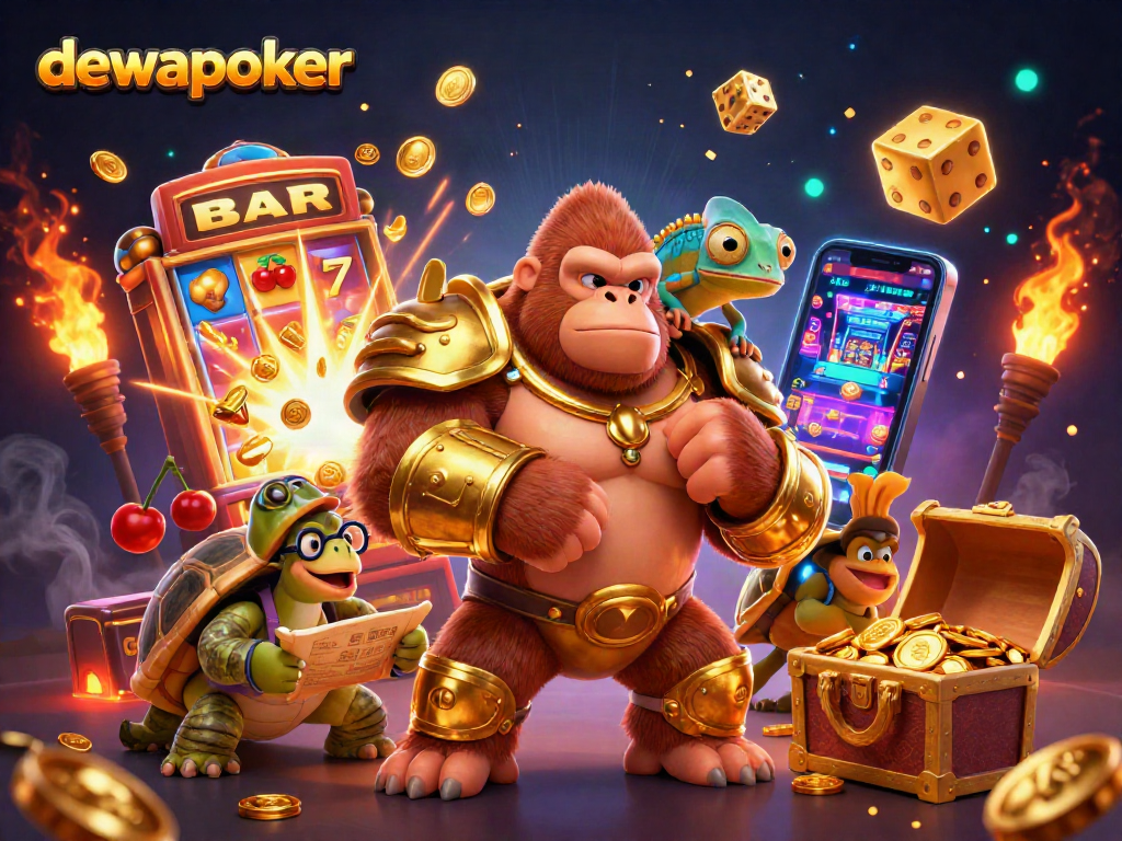 Dewapoker showcases a vibrant 3D scene with a gorilla king and gaming symbols in a casino atmosphere.
