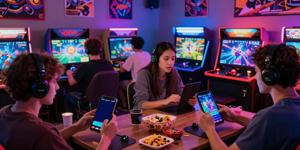 Group of friends playing Yono Arcade on mobile devices in a vibrant gaming atmosphere.