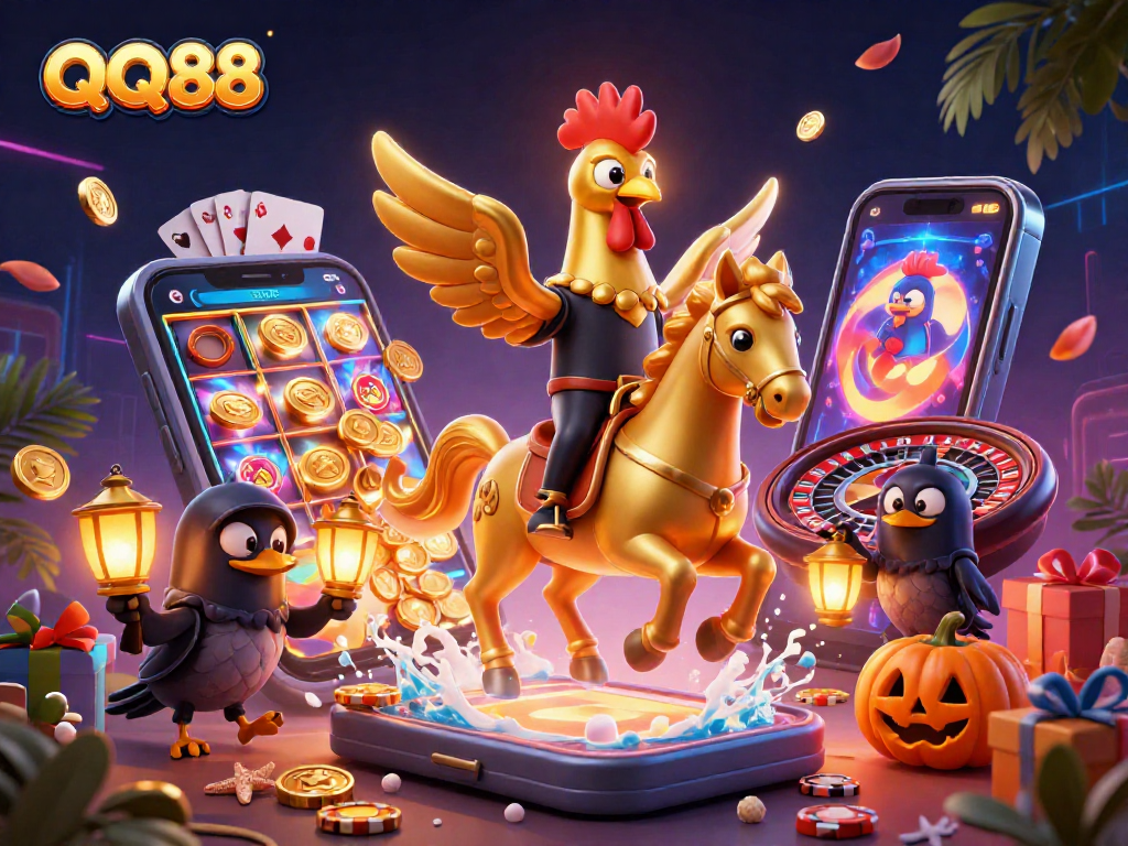 Engage with QQ88's exciting world of gaming through a vibrant casino illustration featuring dynamic characters and immersive elements.