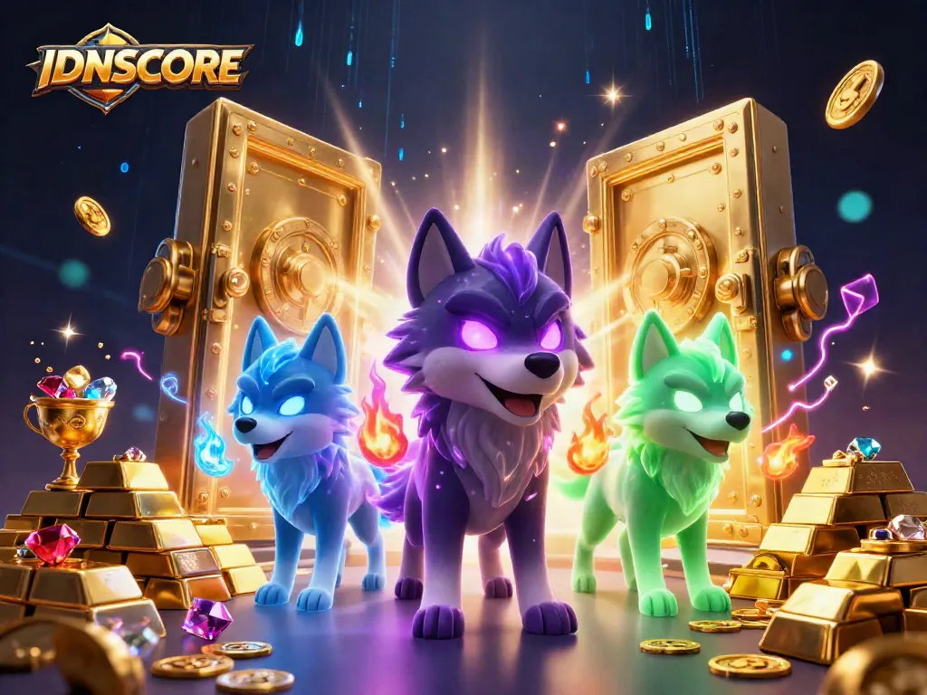 IDNSCORE captivates players with a 3D scene of sleek wolves and treasure in a modern online gaming adventure.