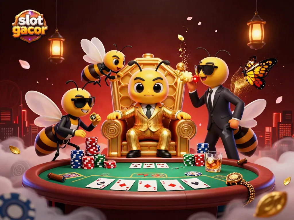 Engage with slot gacor through a vibrant 3D scene featuring a bumblebee boss and gambling elements.