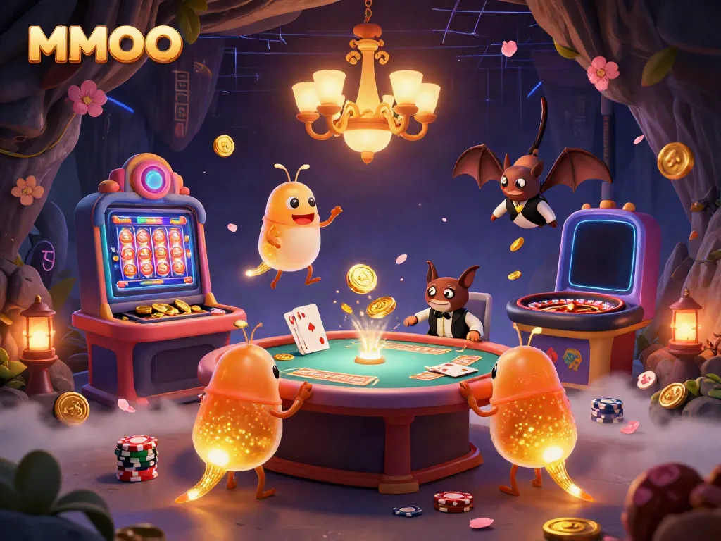 MMOO showcases a lively casino with illuminated glowworms and gaming elements for an immersive experience.